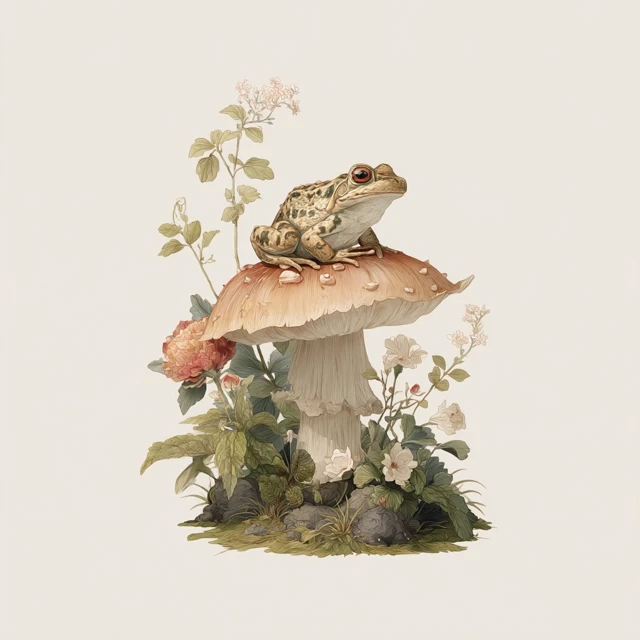 Whimsical Frog on Mushroom Cottagecore Design