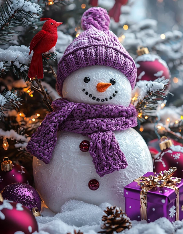 Cozy Winter Christmas Scene Cute Snowman with Ornaments