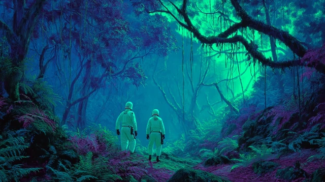 Retro Alien Jungle Exploration with Bioluminescent Vines