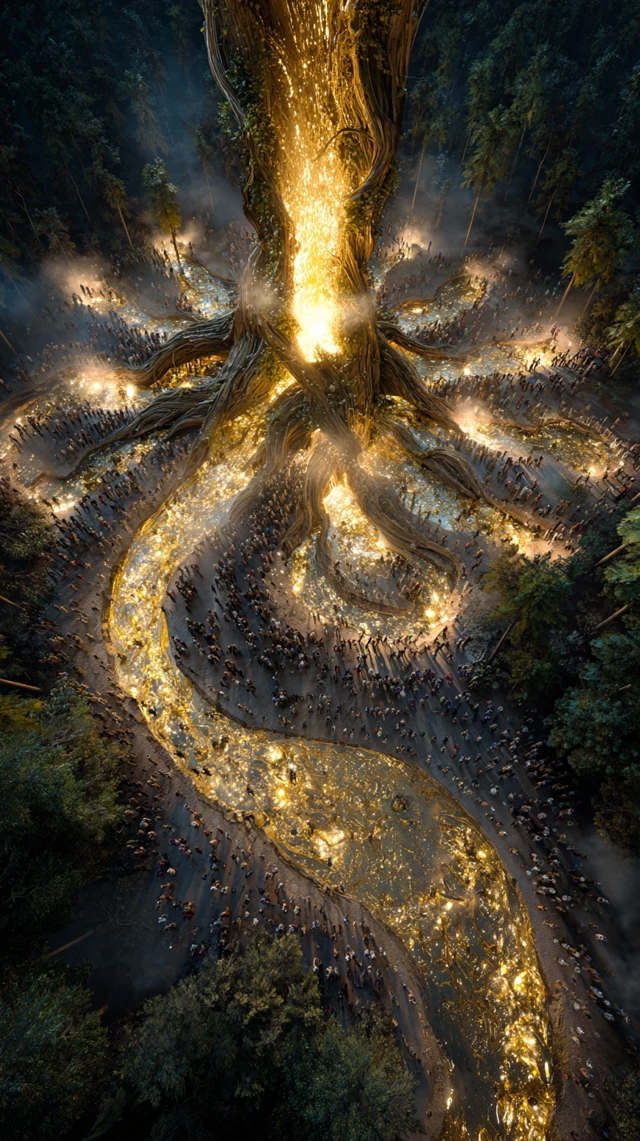Sacred Tree Golden Waterfall Mythical Forest Scene
