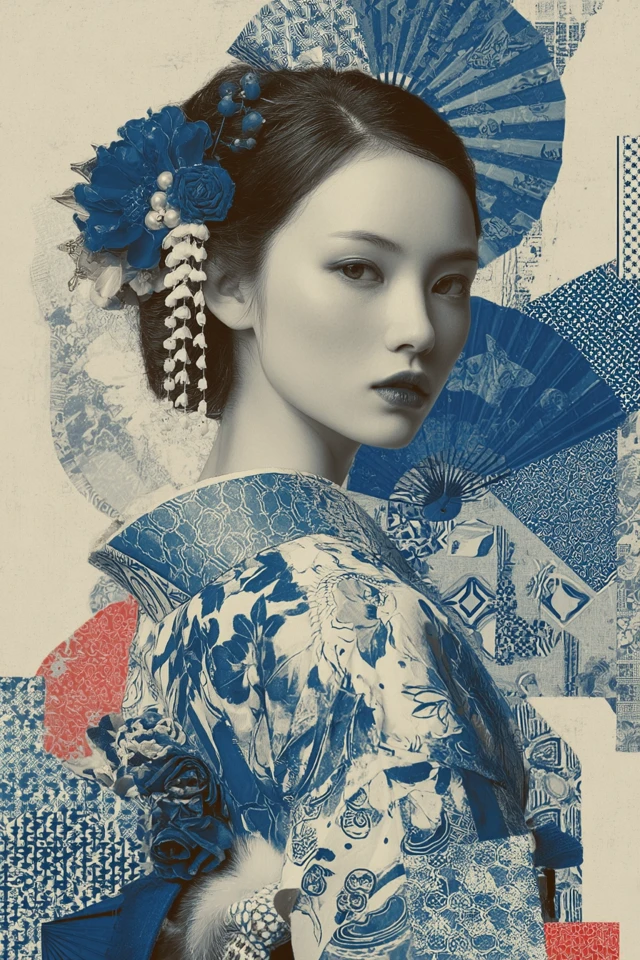 Japanese Female Collage Blue and White Art