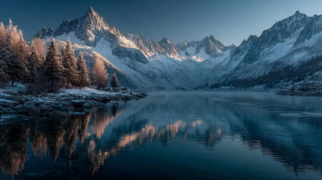 Mountain Lake Sunrise Scenery with Snow Covered Peaks