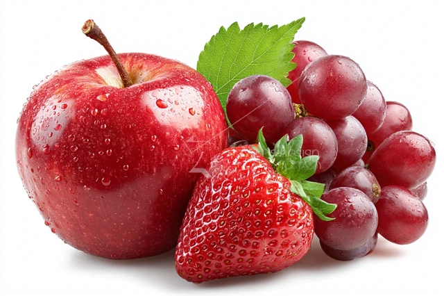 Fresh Strawberry Grapes and Red Apple on White