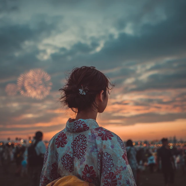 Japanese Woman at Summer Festival Fireworks