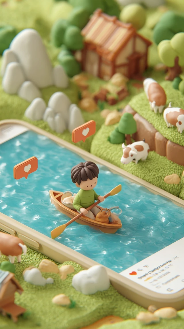 Cute Oriental Boy Paddling in 3D Landscape