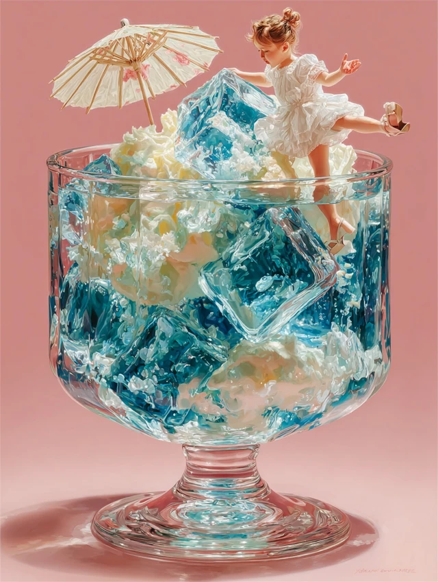 Girl in Dress with Umbrella on Jelly Illustration