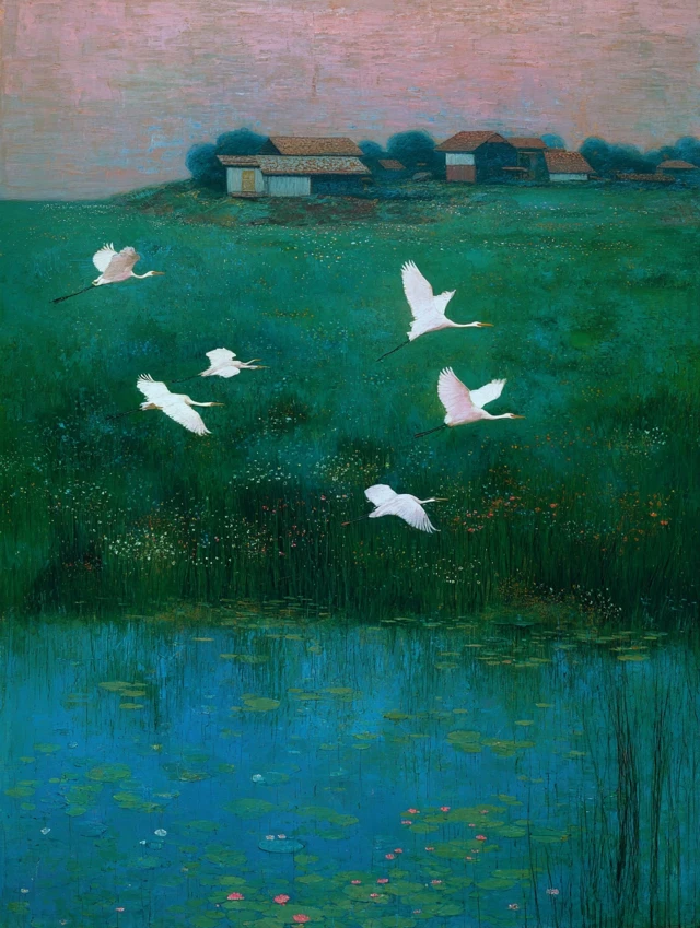 Gustav Klimt Inspired Dusk Birds Over Green Field