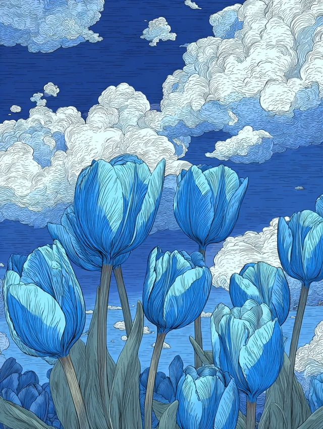 Anime Blue Tulips and Cloudy Sky