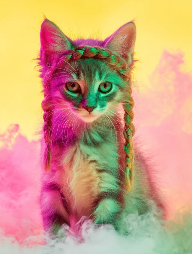 Cute Kitten with Braids Neon Lights