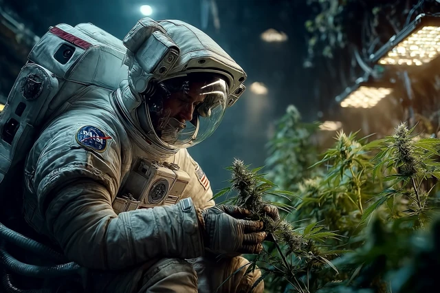 Astronaut in Space Lab Examining Hemp Plants