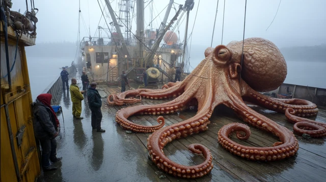 Giant Octopus on Fishing Boat Foggy Dockside Scene
