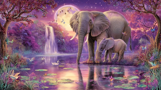 Elephant Family at Waterhole - Dreamy Art