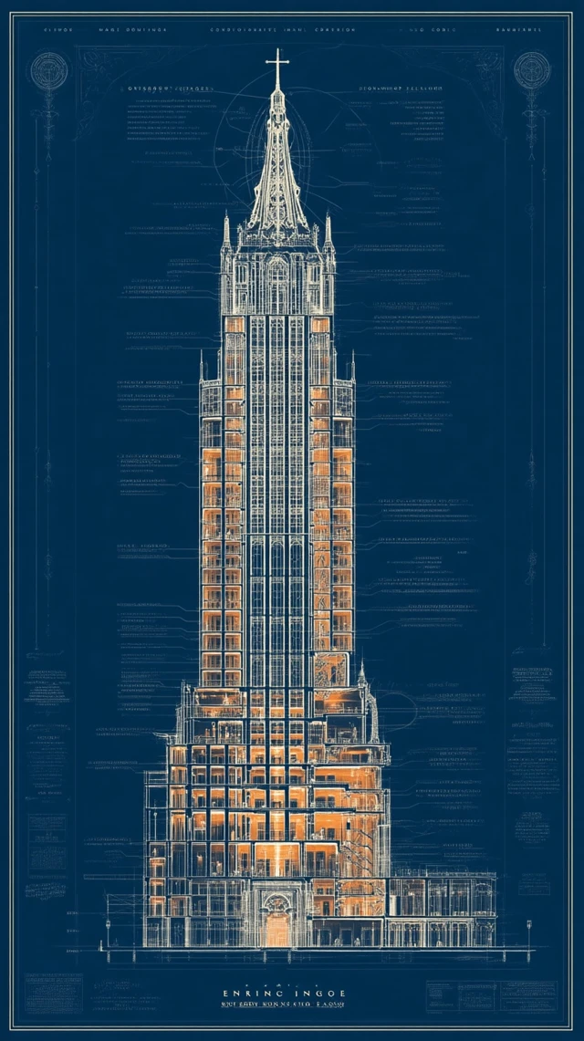 Art Deco Skyscraper Blueprint with Magical Secrets