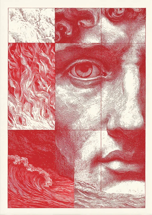 Woodcut Art Fire and Michelangelo David