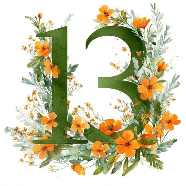 Floral Number 13 Clipart Green and Orange Flowers