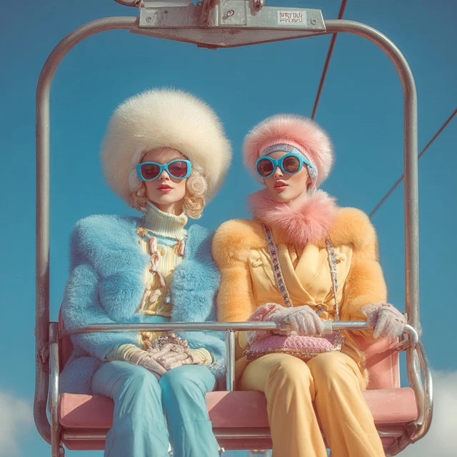 Luxury Vintage Skiers in Fur Hats Chairlift Blue Sky