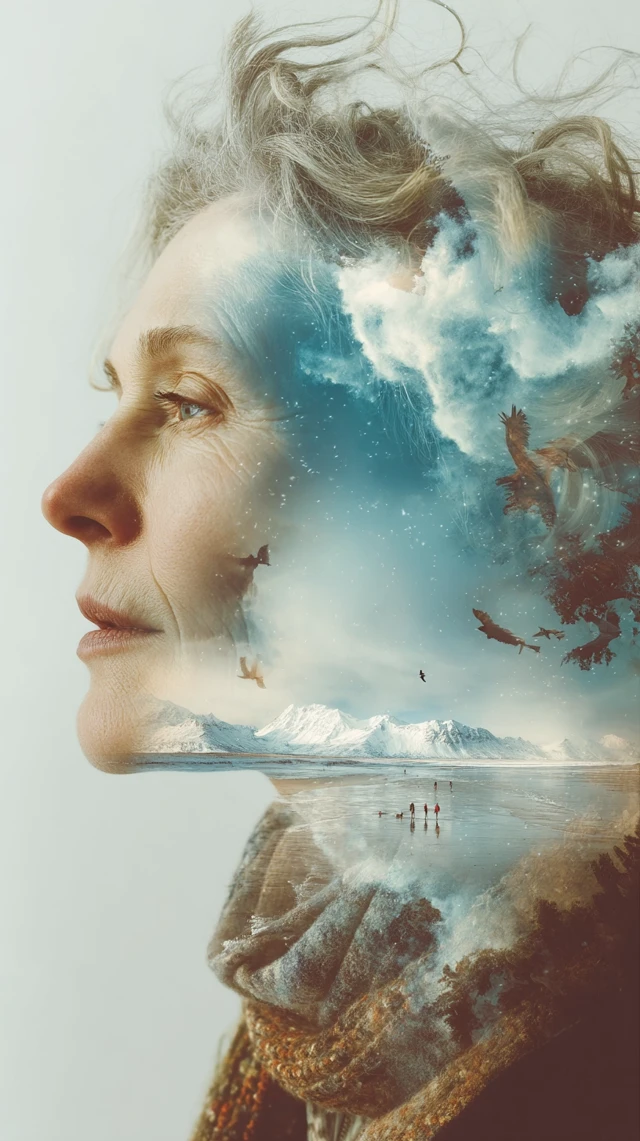 Elderly Canadian Portrait Double Exposure Landscape