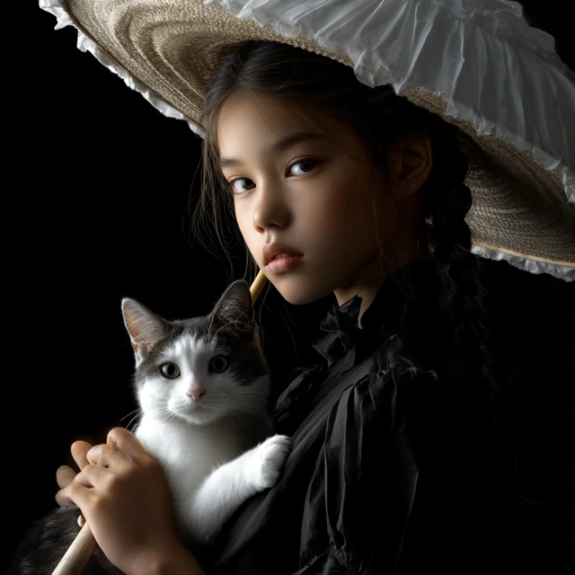 Japanese Woman with Cat Umbrella Photorealistic