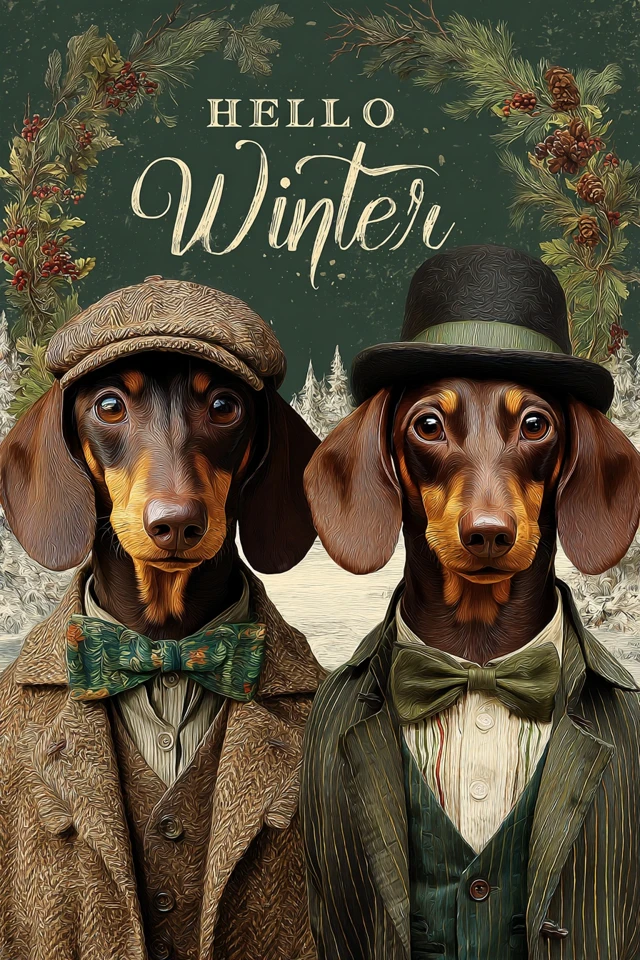 Dachshunds in Tweed Suits Winter Portrait