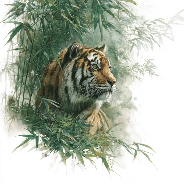 Tiger in Bamboo Forest Realistic Watercolor Painting