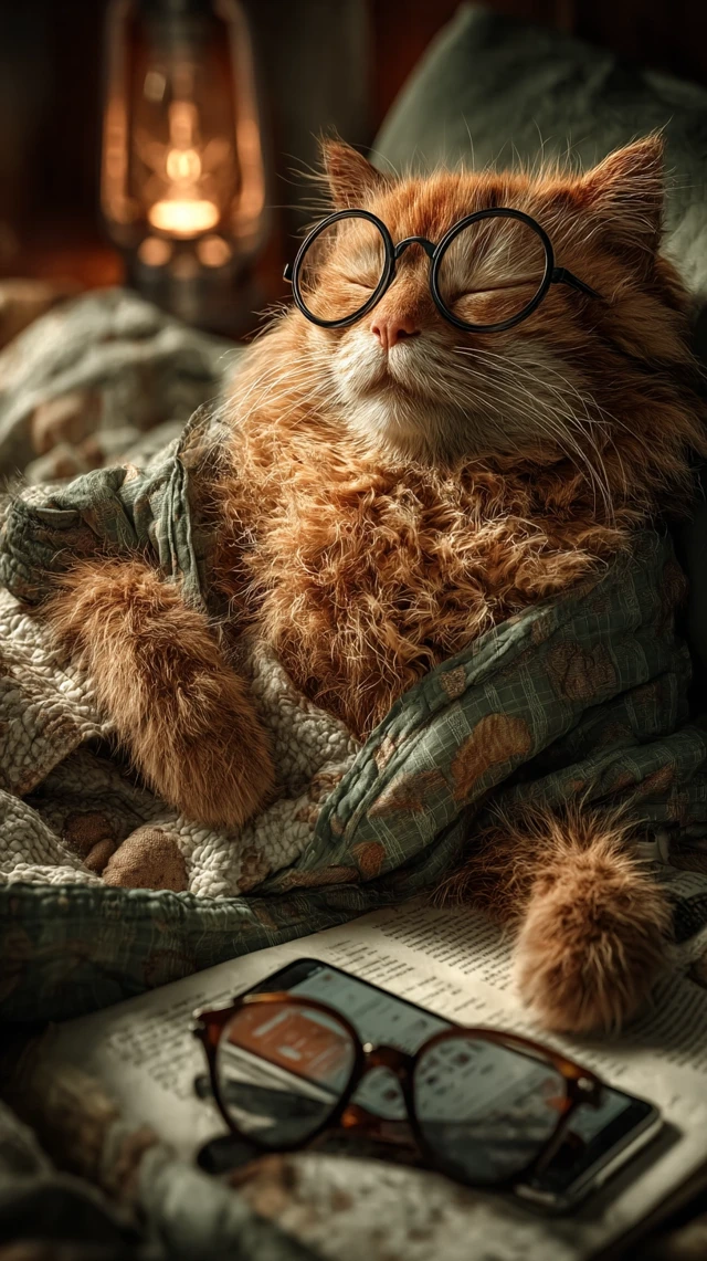 Orange Cat Relaxing with Glasses Cozy Bedroom Scene