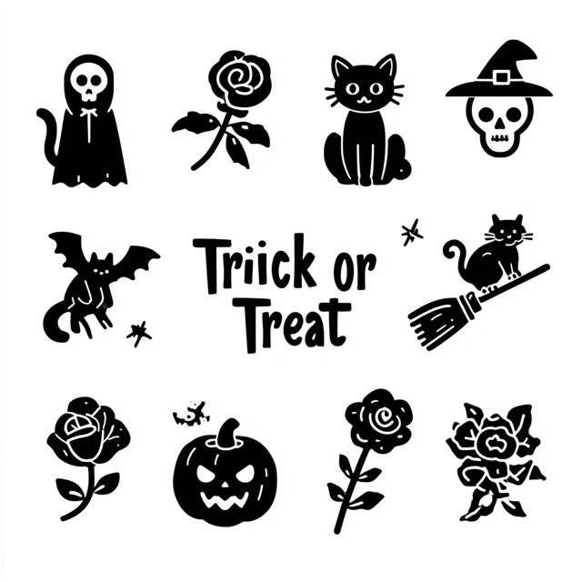 Cute Halloween Icons Trick or Treat Vector Black and White