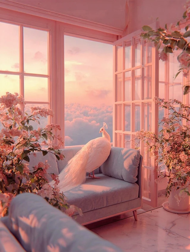 Dreamy Room with White Peacock and Pink Clouds