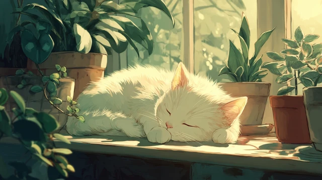 Sleeping Kitten on Windowsill with Houseplants