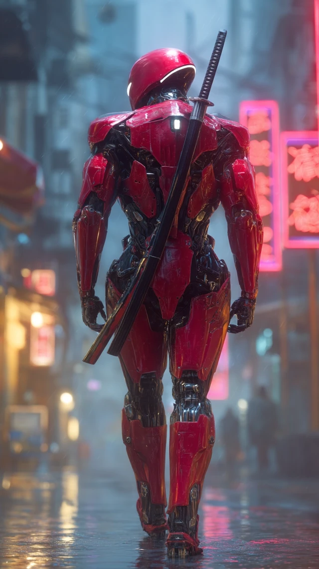 Cyberpunk Ninja Robot in Rain