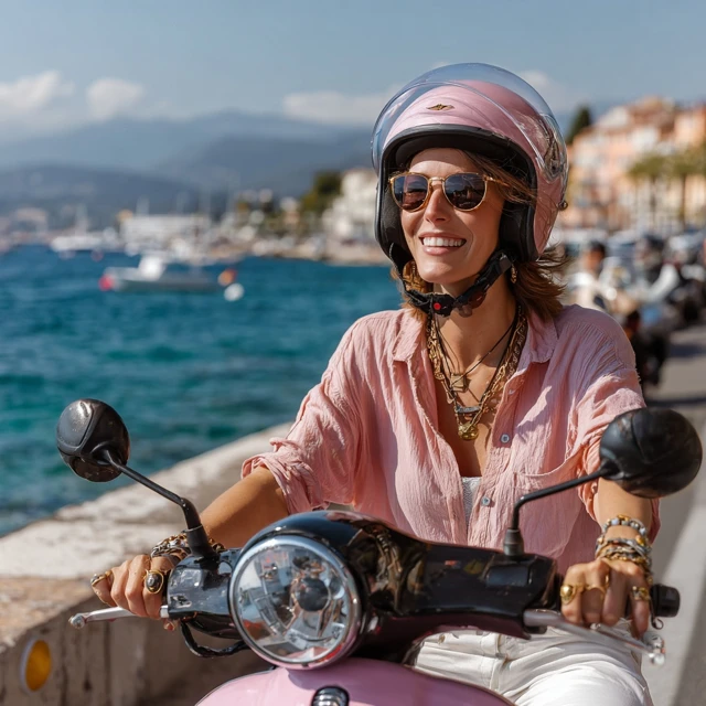 Woman on Scooter Seaside Road Smiling