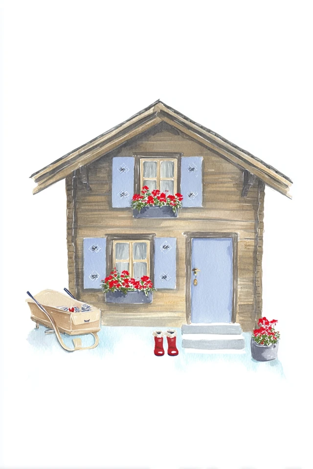Swiss Chalet Watercolor Illustration