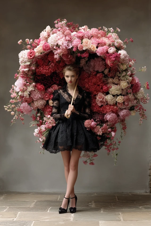 Elegant Woman with Floral Umbrella - High Fashion