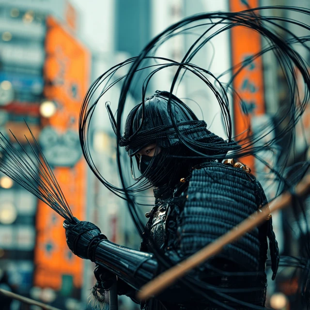 Cyberpunk Samurai in Japan Street Realistic 3D Render