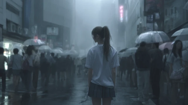Rainy City Street: Lonely Girl in the Rain
