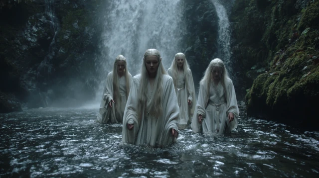 Elves in Waterfall: A Fantasy Scene