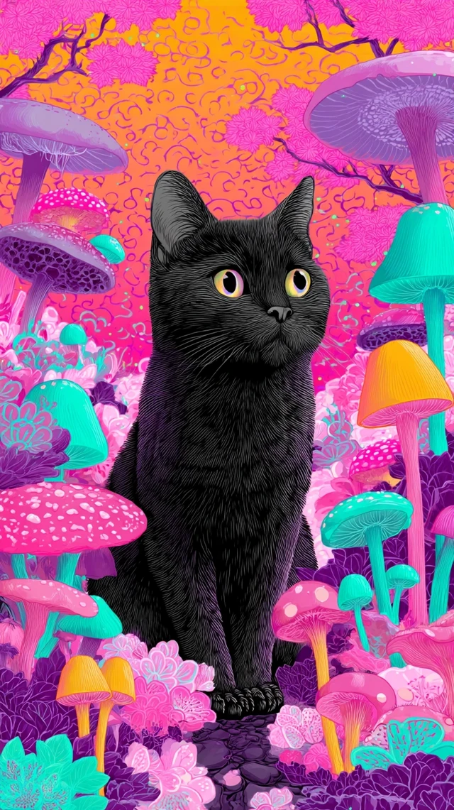 Black Cat Trippy Art with Magic Mushrooms