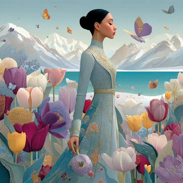 Uyghur Woman in Tulips Serene Luxury Portrait