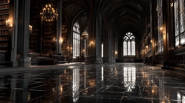 Gothic Library Interior Realistic Cinematic