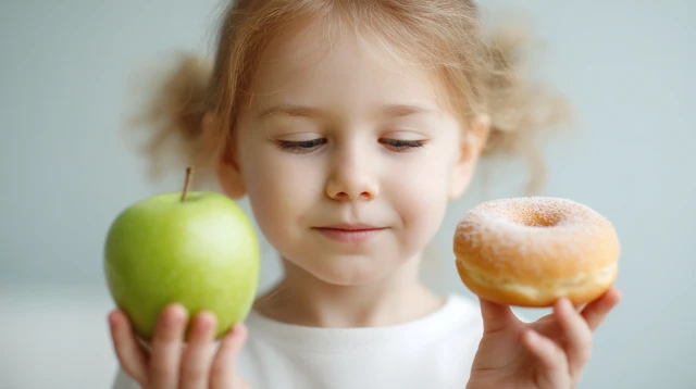Girl choosing Apple or Donut Healthy Food Choice