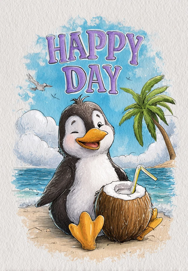 Happy Penguin Beach Day Illustration
