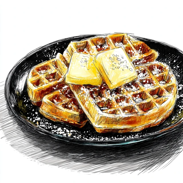 Waffle with Butter Sketch on Black Plate