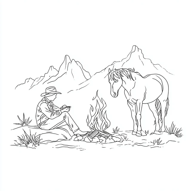 Cowboy and Horse Campfire Illustration