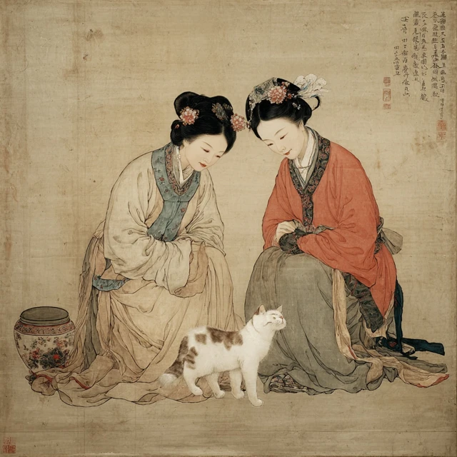 Chinese Painting Women and Cat