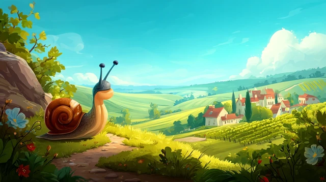 Cute Snail in French Countryside Dreamy Scene