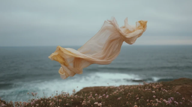 Silk Scarf Flying Over Cliff Ocean Dramatic Sky