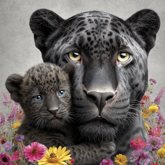 Black Panther Mama and Cub Beautiful Animal Art