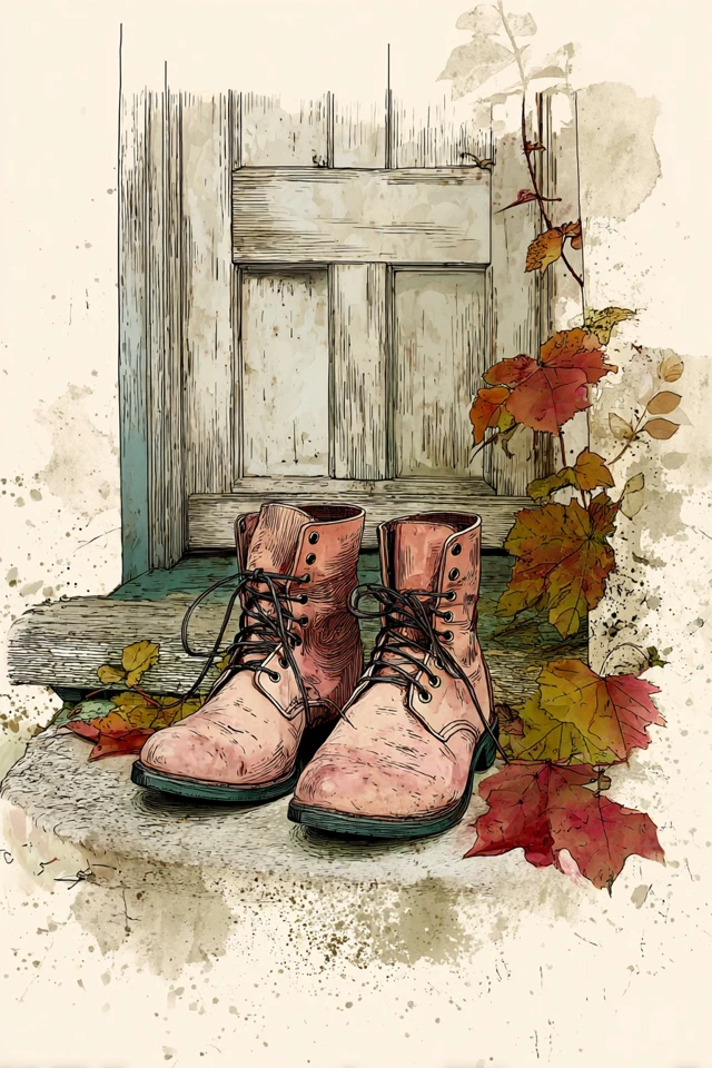 Vintage Boots and Autumn Leaves Watercolor Art