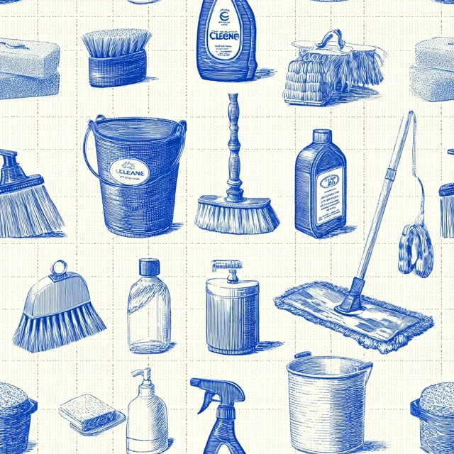 Cleaning Tools Pattern Navy Blue and White