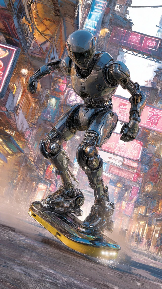 Cyberpunk Robot on Hoverboard
