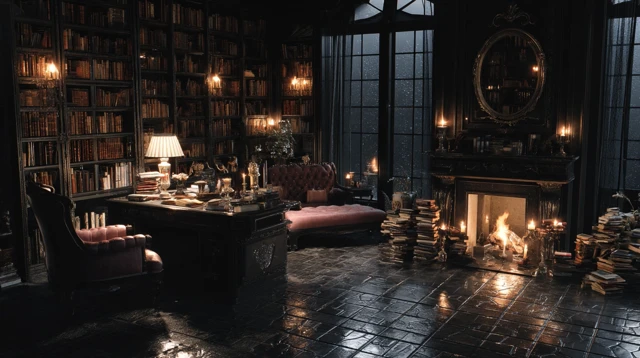 Cozy Gothic Library Night Time Scene